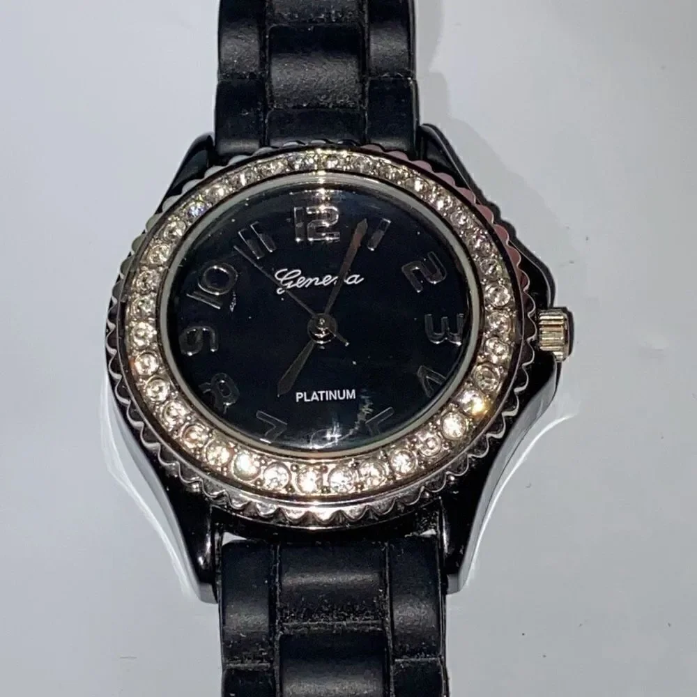Geneva Women's Black‎ Silicone Band Water Resistant Faux Diamond Quartz Watch OS